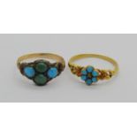 Two Victorian yellow metal turquoise cluster rings; one set with a rose-cut diamond to centre, 2.