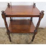 A 19th century oak two tier etagere on ring turned supports 59cm w x 43cm d x 80cm (full height)