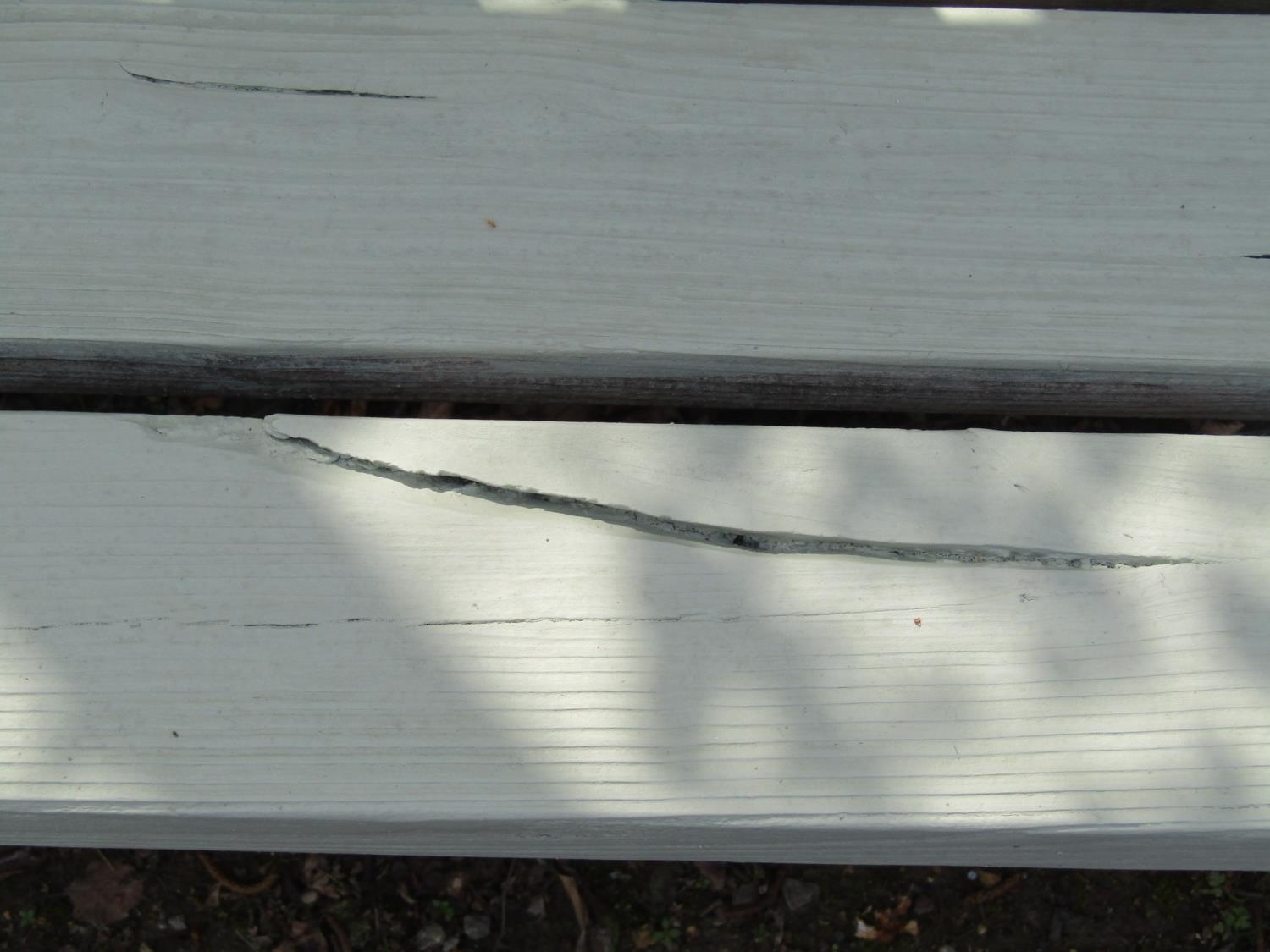 A pair of light green painted soft wood three seat garden benches with slatted seats and backs - Image 2 of 3