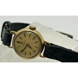 Omega ladies wristwatch, 9ct gold casework, leather strap