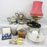 A miscellaneous collection of items including loose bone handle flatware, a silver plated four piece