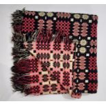 Traditional large reversible woollen Welsh blanket in black, pink and cream colours, 2.3x2m (AF)