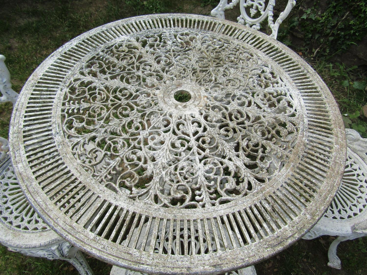 A cream painted cast aluminium garden terrace table with decorative circular pierced top 80 cm - Image 2 of 3