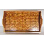 A yew wood parquetry inlaid tray with a regular geometric diamond lattice design, handle glued.