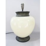 A crackle glazed spherical china lamp with a flared reeded base, 38cm max.