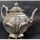 A six sided heavily engraved Victorian teapot, London 1853, maker Joseph Angell II, 24.3 ozs