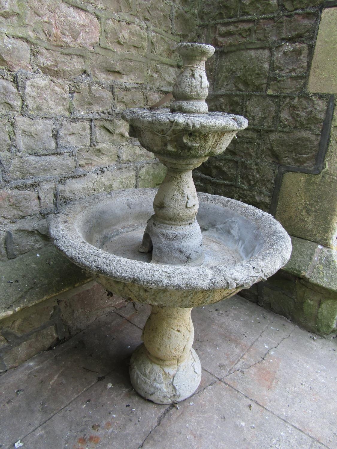 A weathered cast composition stone five sectional garden fountain with simple trailing ivy detail, - Image 2 of 3