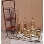 A small collection of polished brassware to include a pair of reeded column table lamps, one