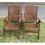 A set of four stained folding softwood garden armchairs with slatted seats and backs, labelled