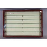 Good quality wall mounted display case for miniatures/ models, in mahogany style with glass shelves.