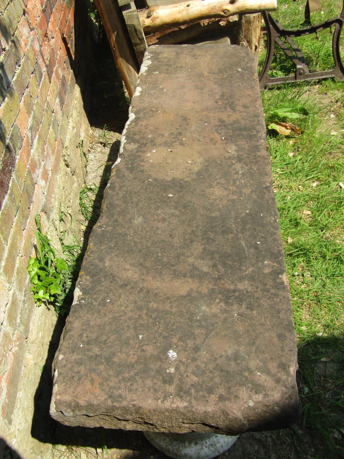 A three sectional garden bench with rectangular thick natural stone top raised on a pair of cast - Image 2 of 4