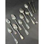 Nine assorted 19th century silver teaspoons by various makers, a mustard spoon and a silver plated
