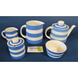 A collection of T G Green blue and white banded kitchenware comprising bread crock and cover,