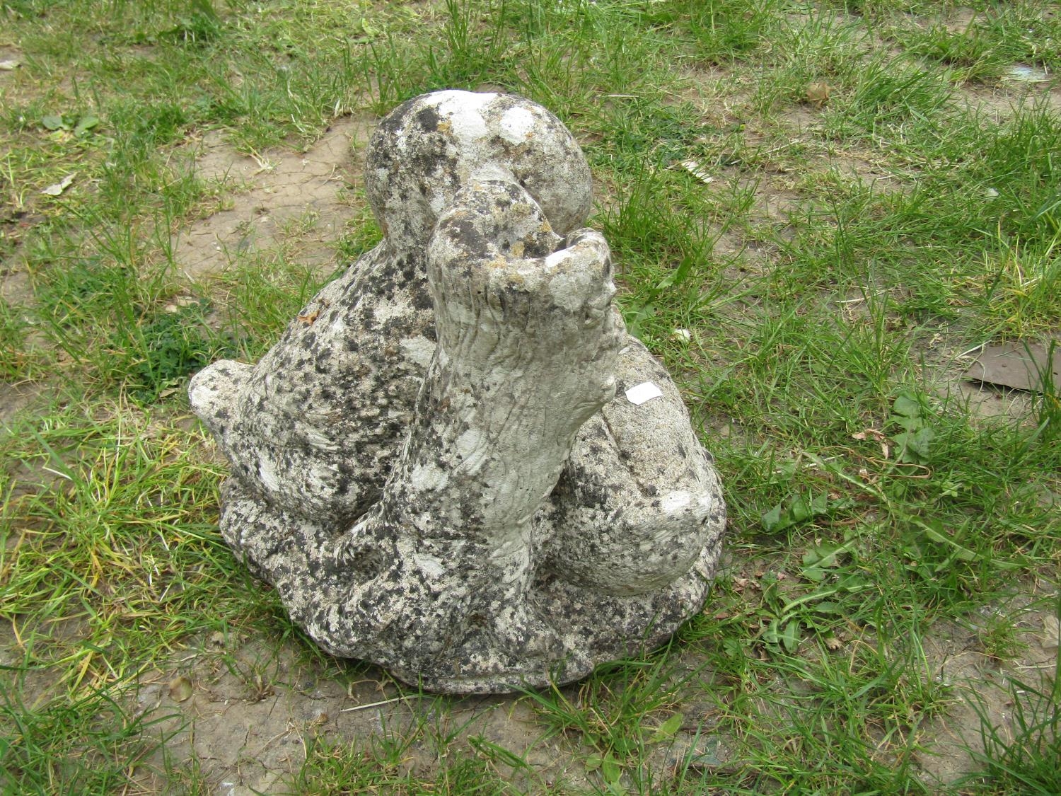 A well weathered cast composition stone garden ornament in the form of a family of ducks beside a - Image 3 of 3