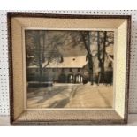 Black and white printed photograph of a snowy courtyard with four frames including carved wood and