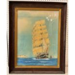 Ship at Full Sail off the Coast of Dover (20th Century), unsigned, pencil, watercolour pencil and
