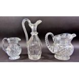 A mixed selection of cut glass ware, including, an elegant claret jug, two water jugs, three