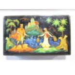 A late 20th century Russian lacquer box with a hand painted romantic scene of a young lady