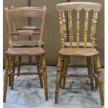 Two pairs of Windsor kitchen chairs principally in elm and beechwood