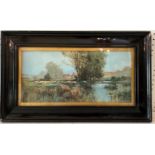 Frederick John Bartram Hiles (1872-1927) Rive Scene, gouache, signed lower left, 17.8 x 38 cm,