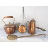A 19th century copper kettle, a copper coffee pot with a side handle, a copper chestnut roaster