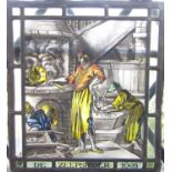 A leaded stained glass panel “De Zeepsieder 1698” (The Soap Maker) 28cm x 24cm.