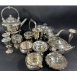 A Georgian Style three piece silver plated tea service, a silver plated kettle on burner, ,