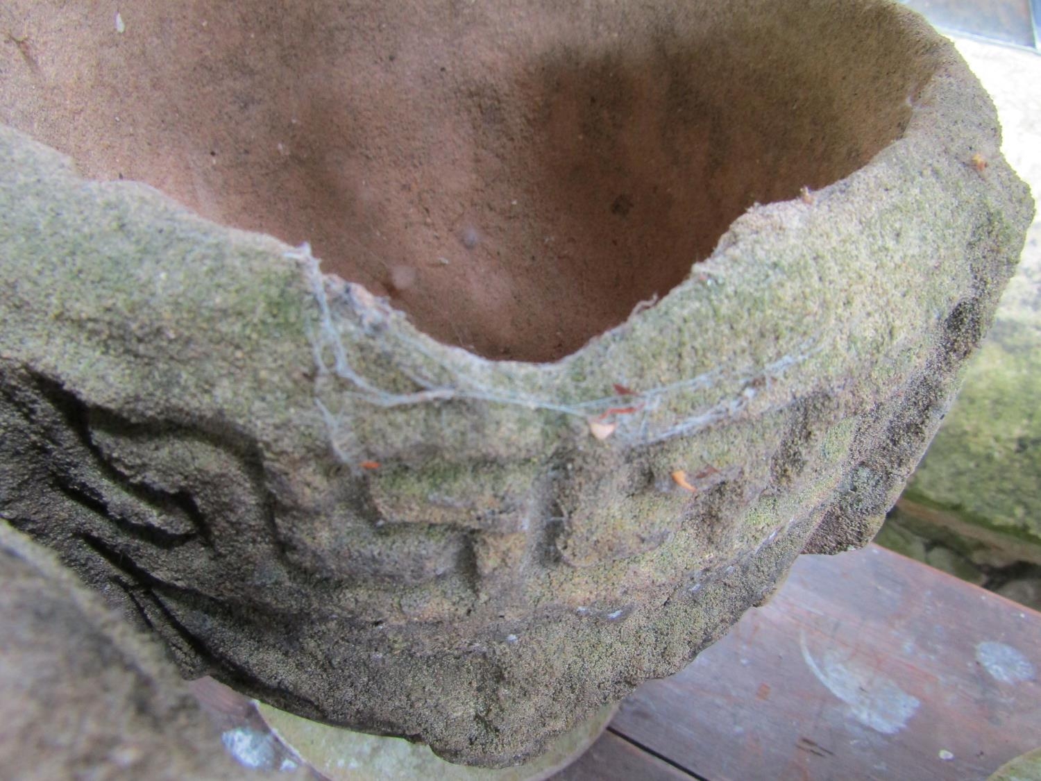 A set of six small weathered cast composition stone circular garden urns with Greek key, fixed - Image 3 of 3