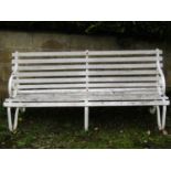 A vintage sprung steel garden bench with wooden lathes and painted finish, 185 cm long