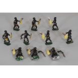 10 cast lead figures of Zulu warriors by Hanks Sutton circa 1929, each with moveable right arm (2