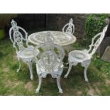 A cream painted cast aluminium garden terrace table with decorative circular pierced top 80 cm