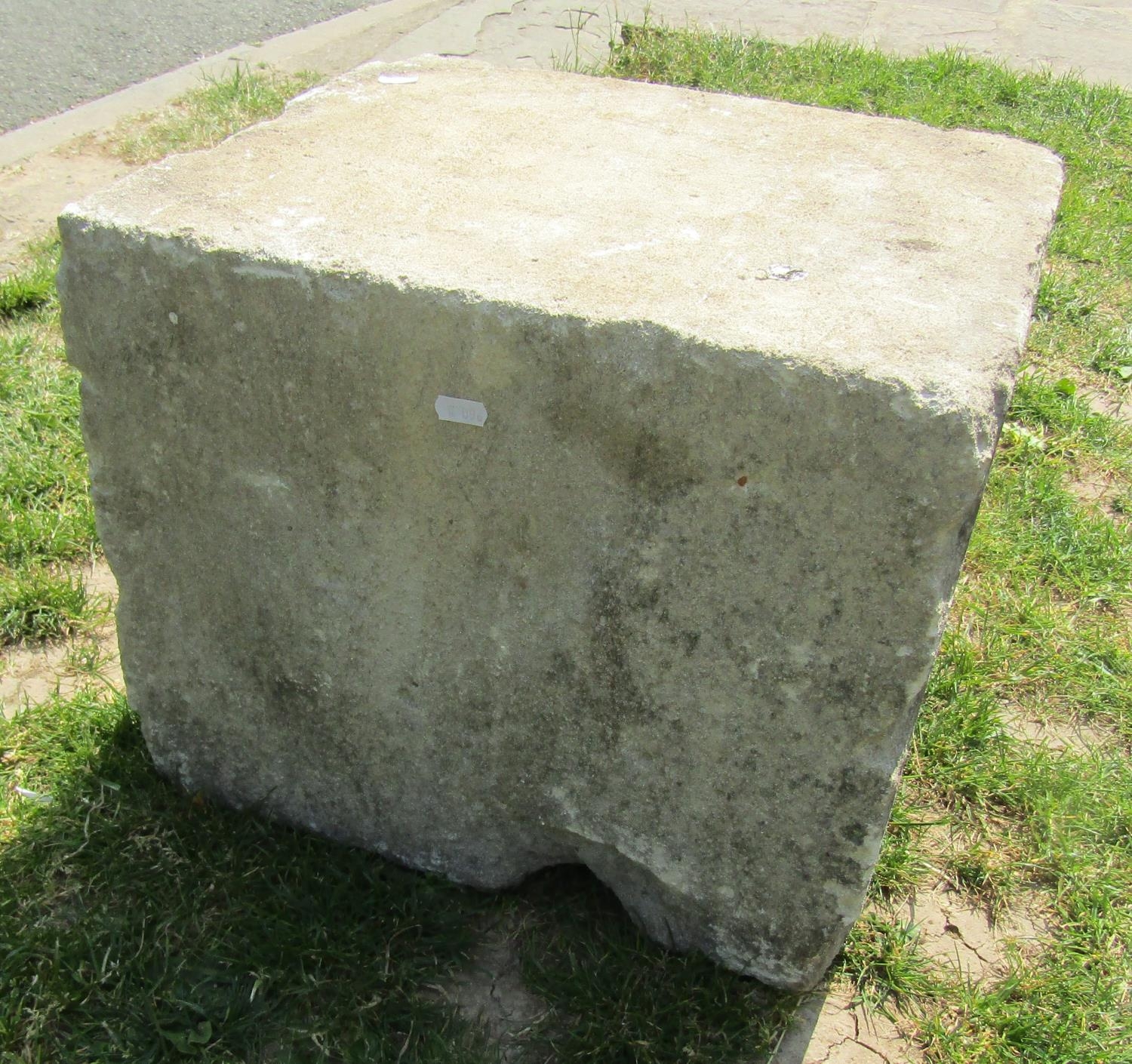 A weathered cut stone mounting block/architectural stone 45 cm x 38 cm x 38 cm