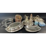 A good selection of quality silver plated table ware consisting of tureens, drinks tray, sugar