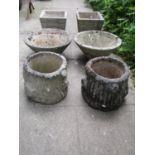 Three pairs of weathered cast composition stone garden planters of varying size and design (af)