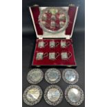 A set of six Turkish style silver and glass tea cups, stamped 800 and six saucers, a serving tray to
