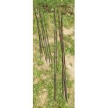 Twelve weathered steel shepherds crook garden border stakes (two sizes), 157 cm and 114 cm in height