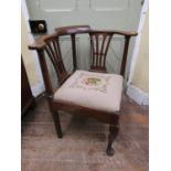 Georgian oak countrymade corner chair with pierced splats, needlepoint seat on shaped supports