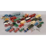 Collection of play worn Dinky model vehicles including racing cars, military tanks, cars, tankers,