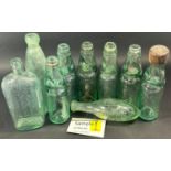A quantity local interest codd neck soda bottles, Arnold Perrett Wickwar, A J Taylor Chippenham, and