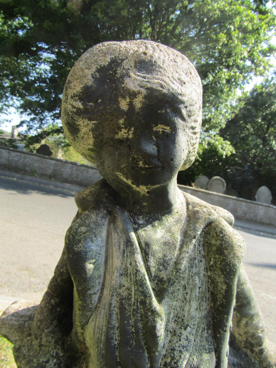 A weathered cast composition stone two sectional bird bath, the pedestal in the form of a man beside - Image 3 of 4