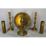 A mixed selection of mainly 19th century brass and copper ware, including a frying pan candle