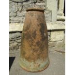 An old weathered terracotta conical shaped rhubarb forcer with moulded rim, 65 cm high