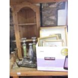 A miscellaneous collection of items including a small pine corner shelf unit, a pair of onyx