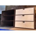 Seven useful filing drawer units of varying size and design, some with moulded and painted