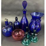 A selection of late 19th and early 20th century glass ware, including four examples of Bristol Blue,