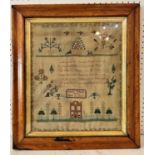 19th Century Needlework Tapestry Sampler by Louisa Caroline, Aged 10, depicting animals, a house and