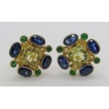 Pair of 14ct multi gem earrings set with citrines, blue spinels and emeralds, 6.3g