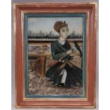 19th Century Persian Reverse Glass Painted Portrait of A Young Man, 26 x 37 cm, with painted frame