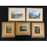 Five Works: Three gilt laurel leaf framed landscape oil paintings, unsigned, framed 38 x 34 cm;