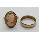 Two vintage 9ct rings; a cameo example and a wedding ring, 6.2g total